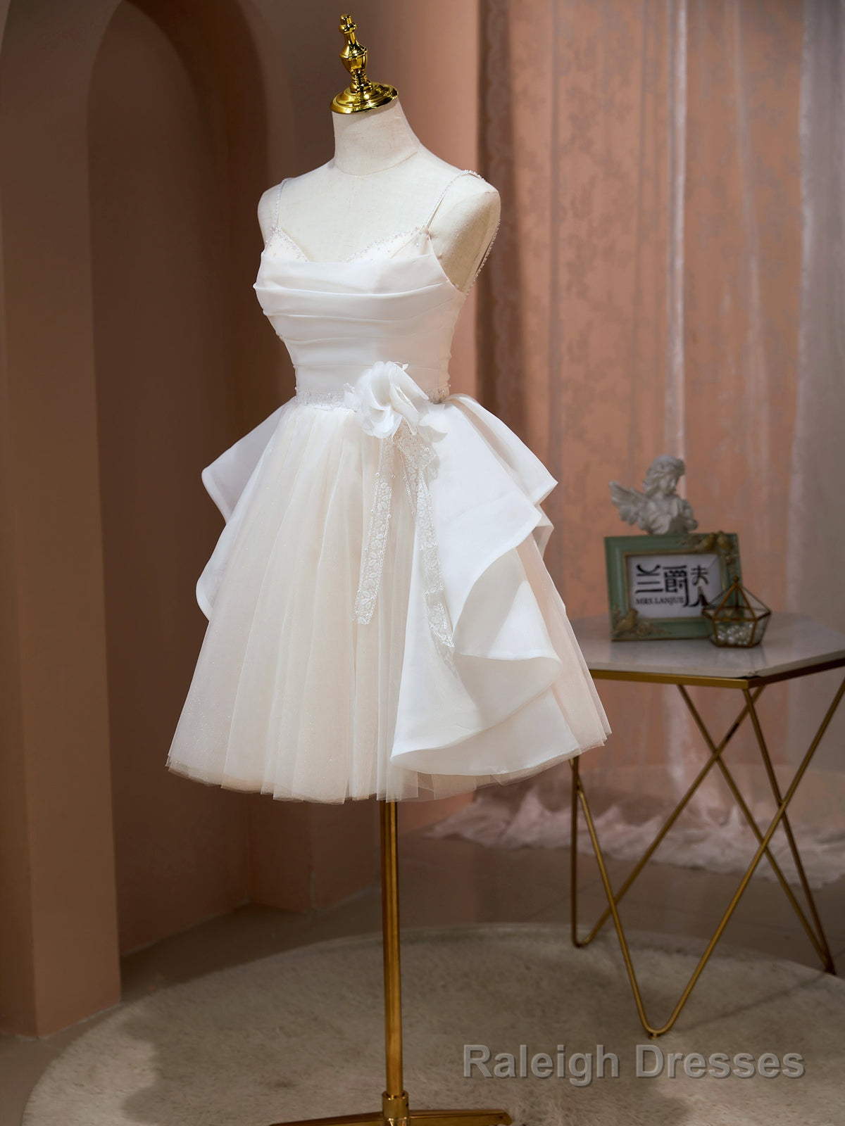 Short Champagne Floral Prom Dresses, Short Champagne Floral Formal Homecoming Dresses