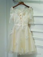 Short Champagne Lace Prom Dresses, Short Champagne Lace Formal Homecoming Dresses
