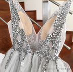 Short Crystal Beaded Tulle V-Neck Prom Homecoming Dress