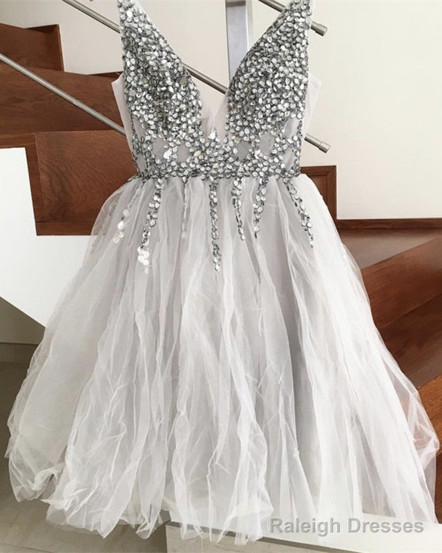 Short Crystal Beaded Tulle V-Neck Prom Homecoming Dresses Main image