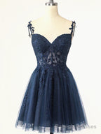 Short Dark Navy Blue Lace Prom Dresses, Dark Blue Lace Formal Homecoming Dress