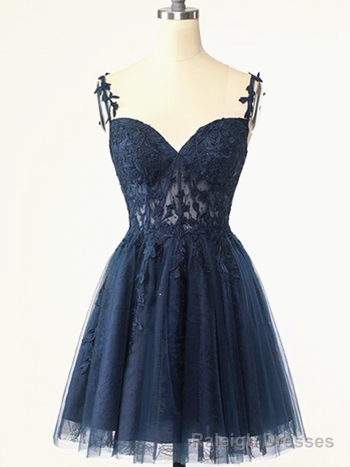 Short Dark Navy Blue Lace Prom Dresses, Dark Blue Lace Formal Homecoming Dress