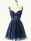 Short Dark Navy Blue Lace Prom Dresses, Dark Blue Lace Formal Homecoming Dress
