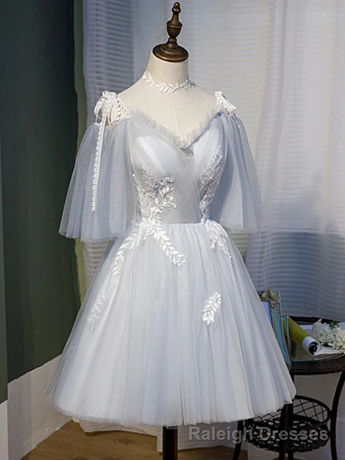 Short Gray Lace Prom Dresses, Short Gray Lace Formal Homecoming Dresses Secondary image