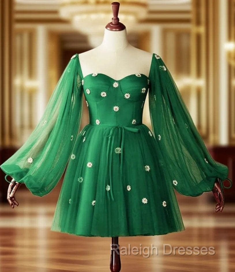 Short Green Puffy Sleeves Dress With Daisy Flowers Main image