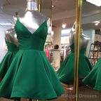Short Green Satin V Neck Homecoming Dresses