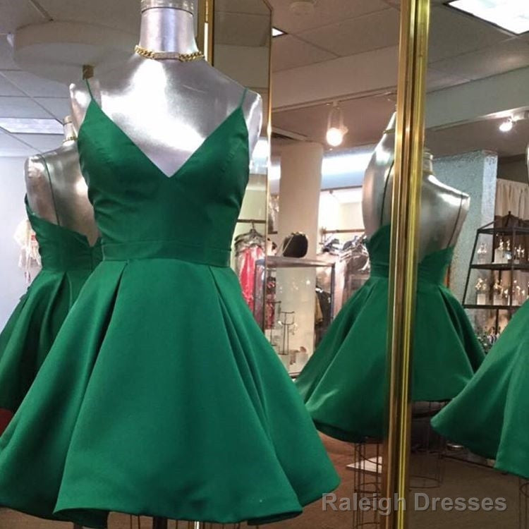 Short Green Satin V Neck Homecoming Dress
