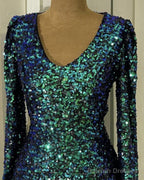 Short Green Sequin Prom Dresses Long Sleeve V-Neck