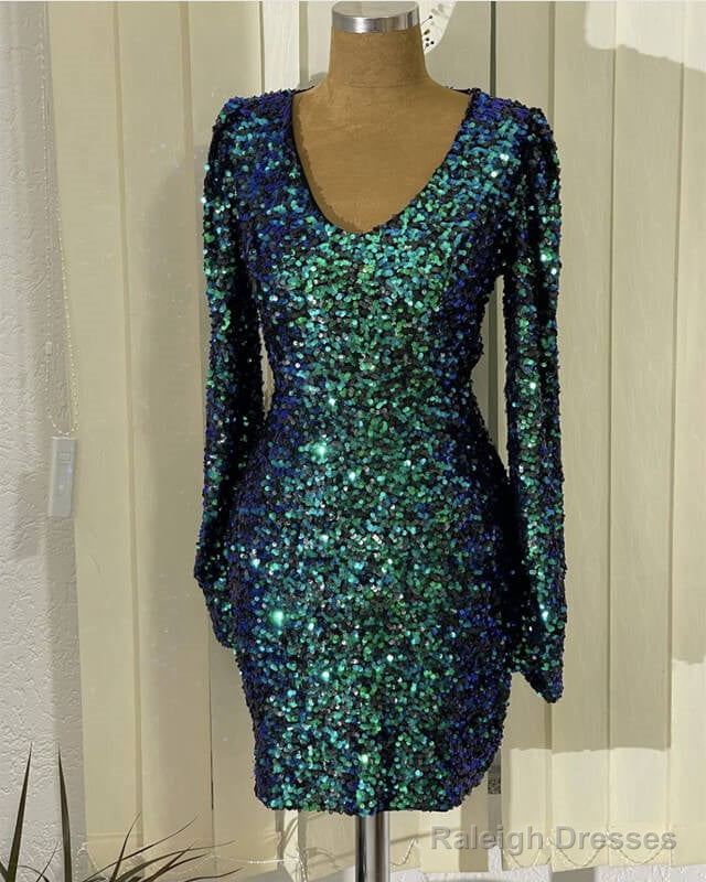 Short Green Sequin Prom Dress Long Sleeve V-Neck Main image