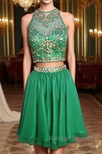 Short Green Two Piece Chiffon Homecoming Dresses Beaded