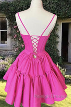 Short Hot Pink Satin Corset Ruffles Dress