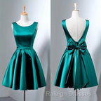 Short Hunter Green Satin Prom Dresses With Bow