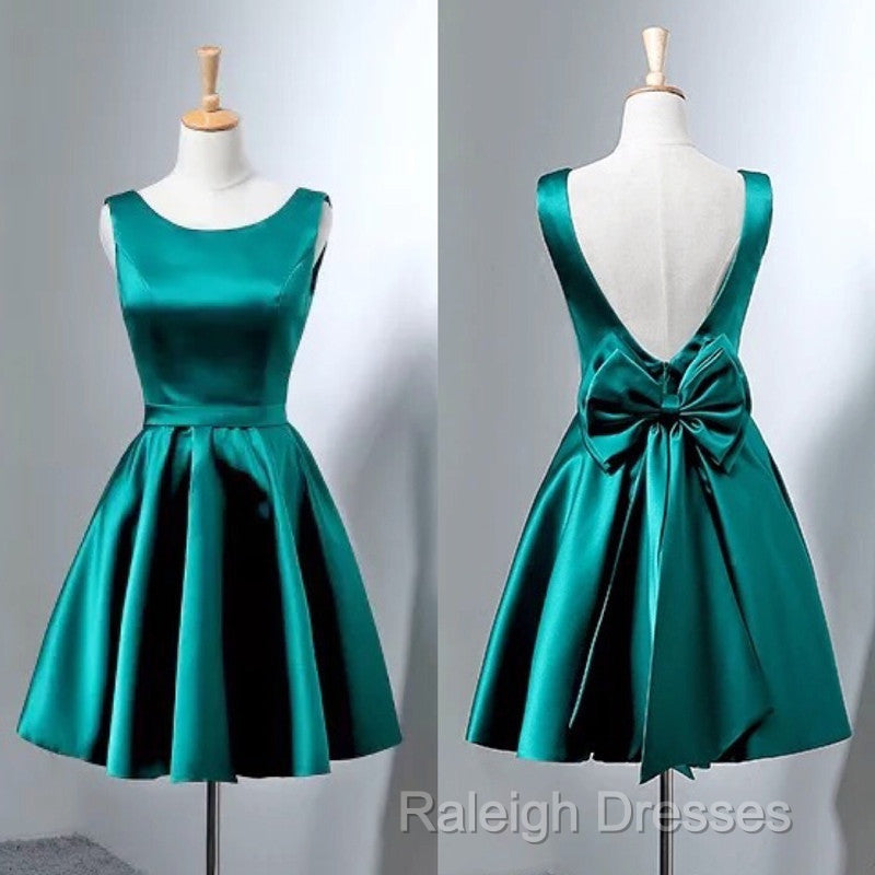 Short Hunter Green Satin Prom Dresses With Bow
