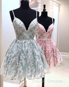 Short Lace Homecoming Dresses V Neck Spaghetti Straps