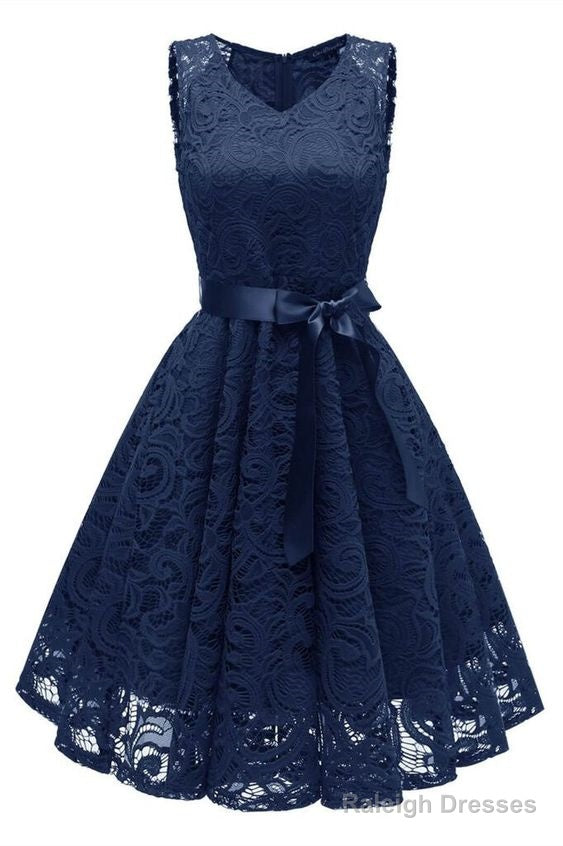 Short Navy Blue Lace Dresses With Sash Homecoming Dress