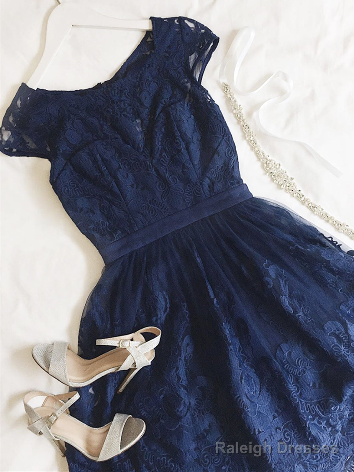 Short Navy Blue Lace Prom Dresses, Dark Blue Short Lace Formal Bridesmaid Dresses