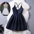 Short Navy Blue Women Dresses, Cross Back Prom Dresses,Graduation Dresses