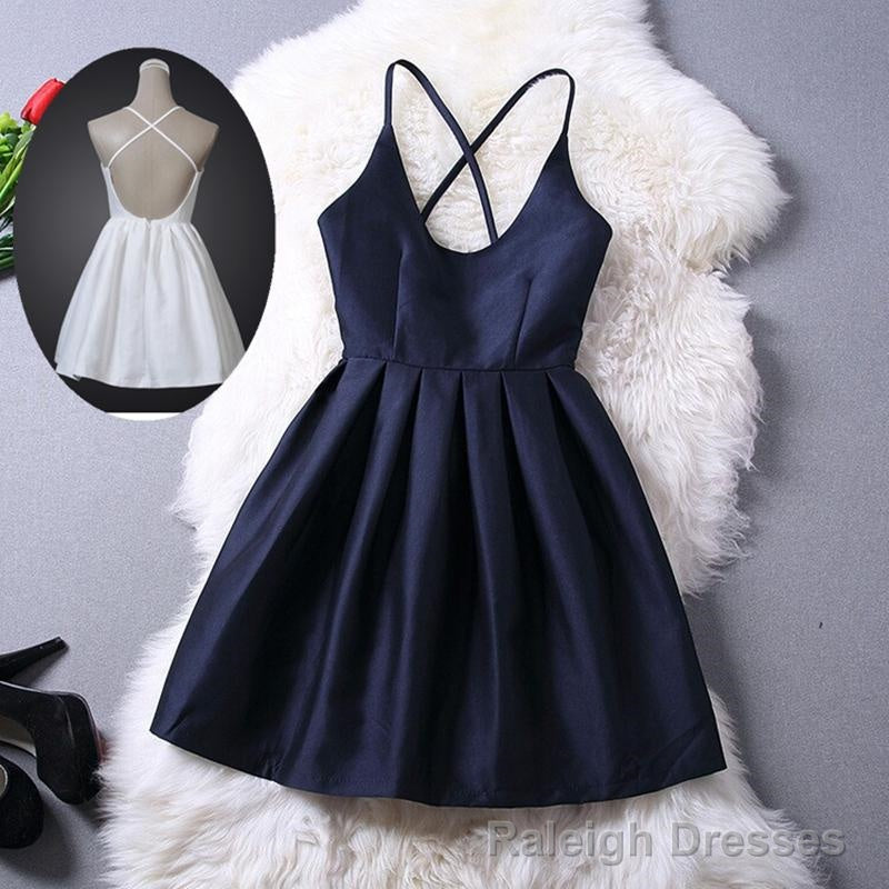 Short Navy Blue Women Dresses, Cross Back Prom Dresses,Graduation Dresses