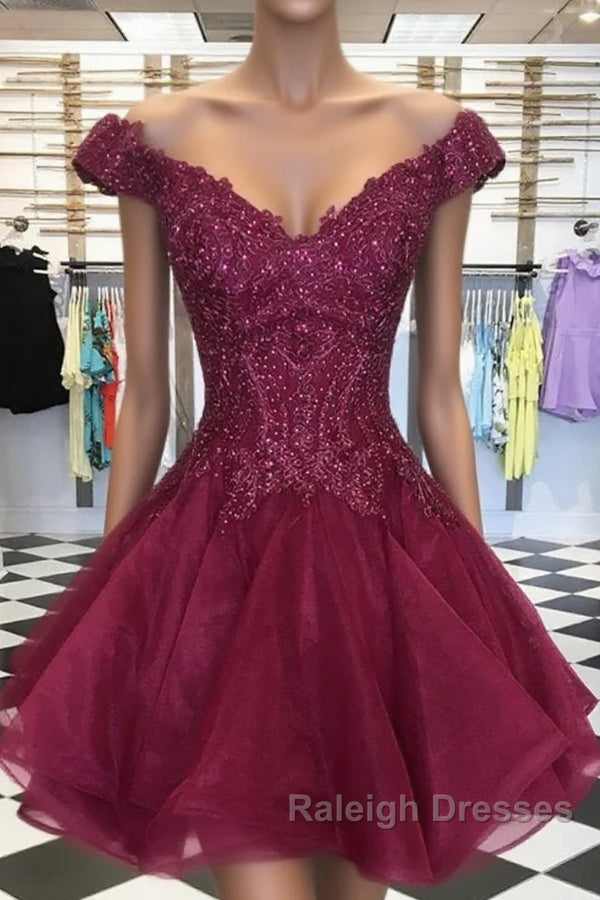 Short Off Shoulder Burgundy Lace Prom Dresses, Off The Shoulder Short Burgundy Lace Formal Homecoming Dresses Main image