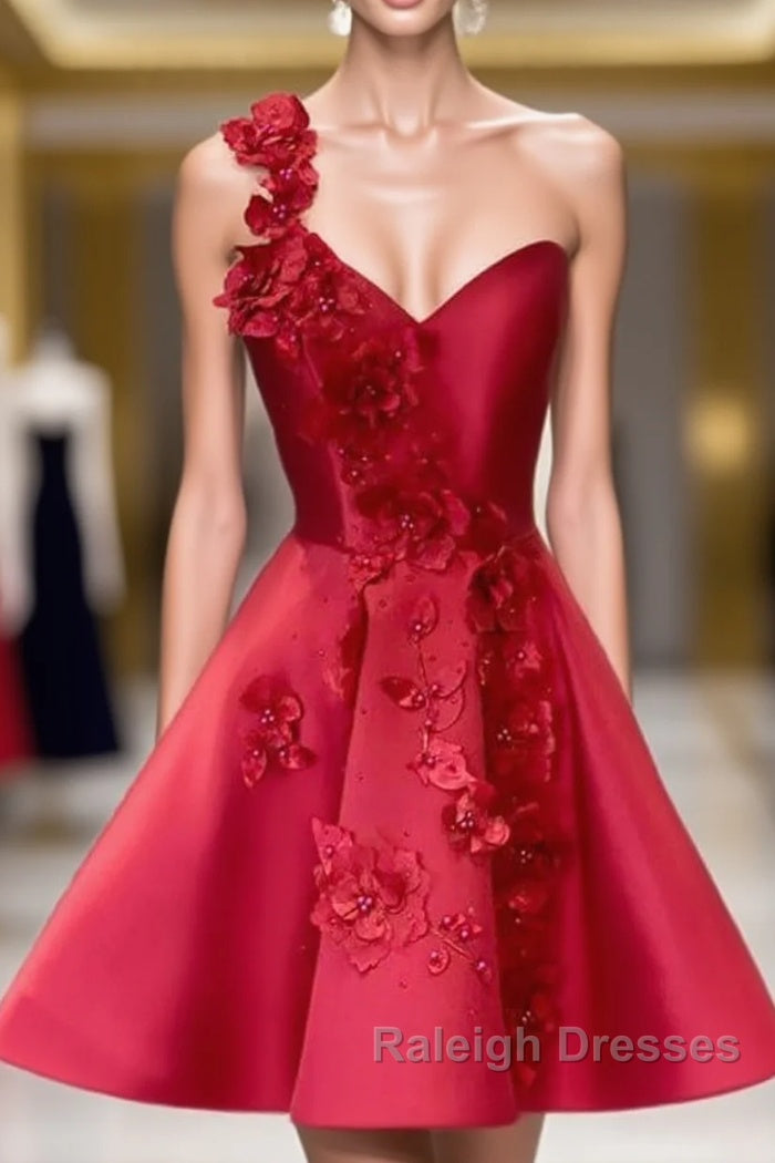 Short One Shoulder Satin Homecoming Dress With 3D Flowers Main image