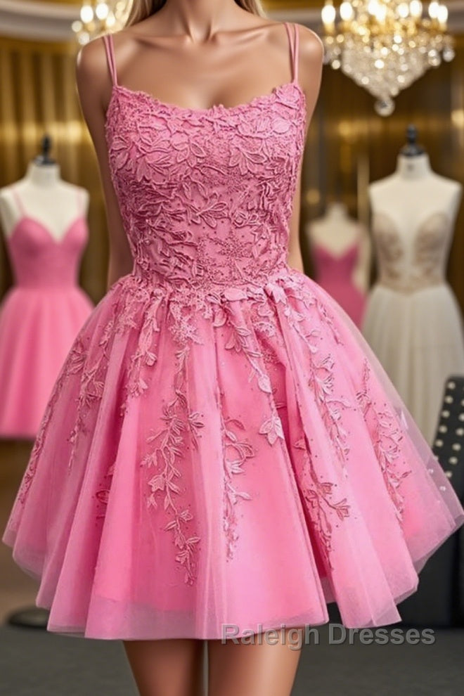 Short Pink Backless Lace Prom Dresses, Short Pink Open Back Formal Homecoming Dresses