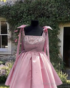 Short Pink Beaded Satin Bow Straps Dress