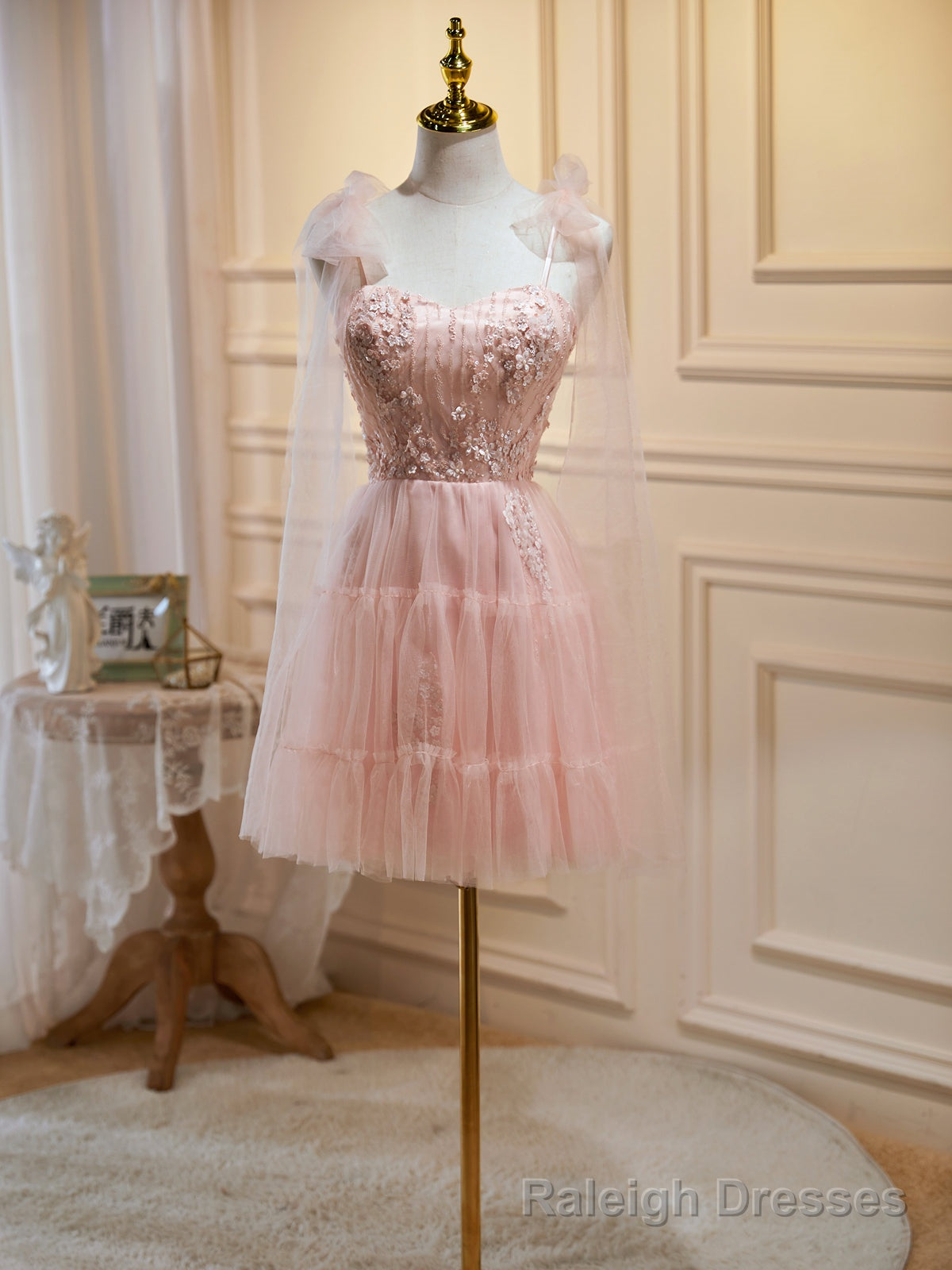 Short Pink Floral Prom Dresses, Short Pink Tulle Floral Formal Homecoming Dresses Main image