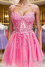 Short Pink Lace Prom Dresses, Short Pink Lace Formal Homecoming Dresses