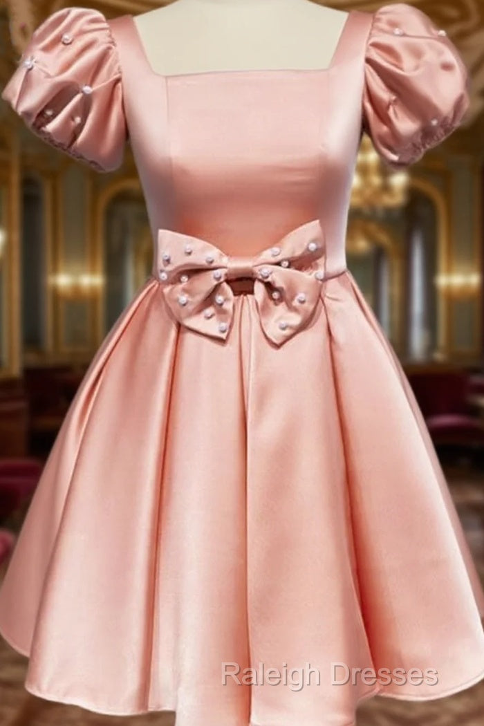 Short Pink Satin Prom Dresses With Bow Main image