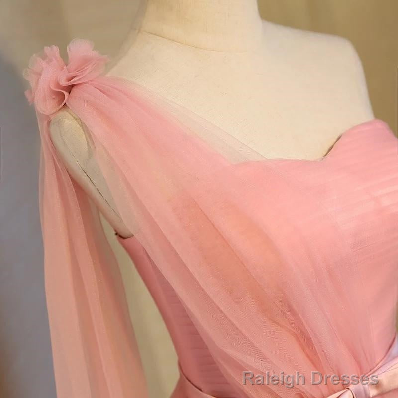 Short Pink Tulle Pleated Bridesmaid Dresses One Shoulder