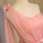 Short Pink Tulle Pleated Bridesmaid Dress One Shoulder