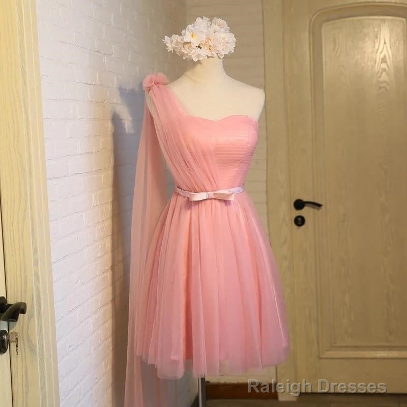 Short Pink Tulle Pleated Bridesmaid Dresses One Shoulder