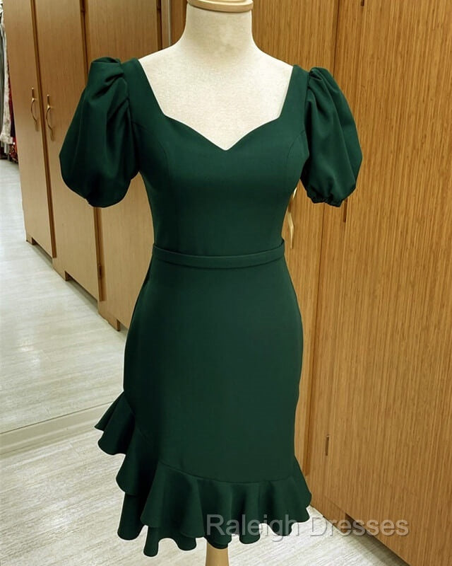 Short Puffy Sleeves Green Sheath Prom Dresses
