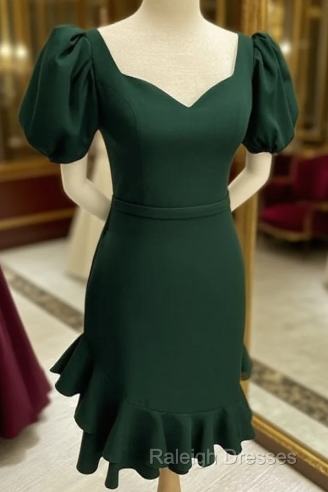 Short Puffy Sleeves Green Sheath Prom Dresses Main image