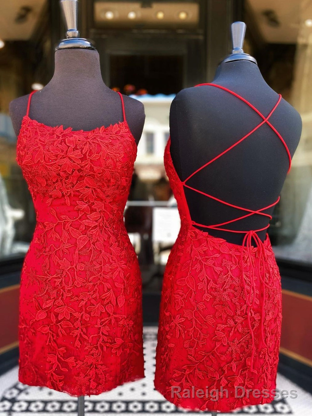 Short Red Backless Lace Prom Dresses, Short Backless Red Lace Graduati ...