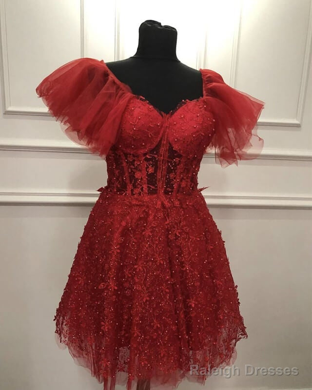 Short Red Lace Corset Cottagecore Prom Dress Main image