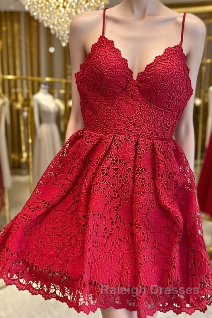 Short Red Lace Prom Dresses, Short Red Lace Formal Graduation Homecoming Dresses