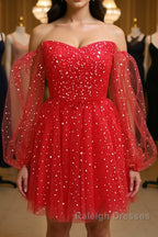 Short Red Long Sleeves Tulle Prom Dresses, Short Red Long Sleeves Formal Homecoming Dresses