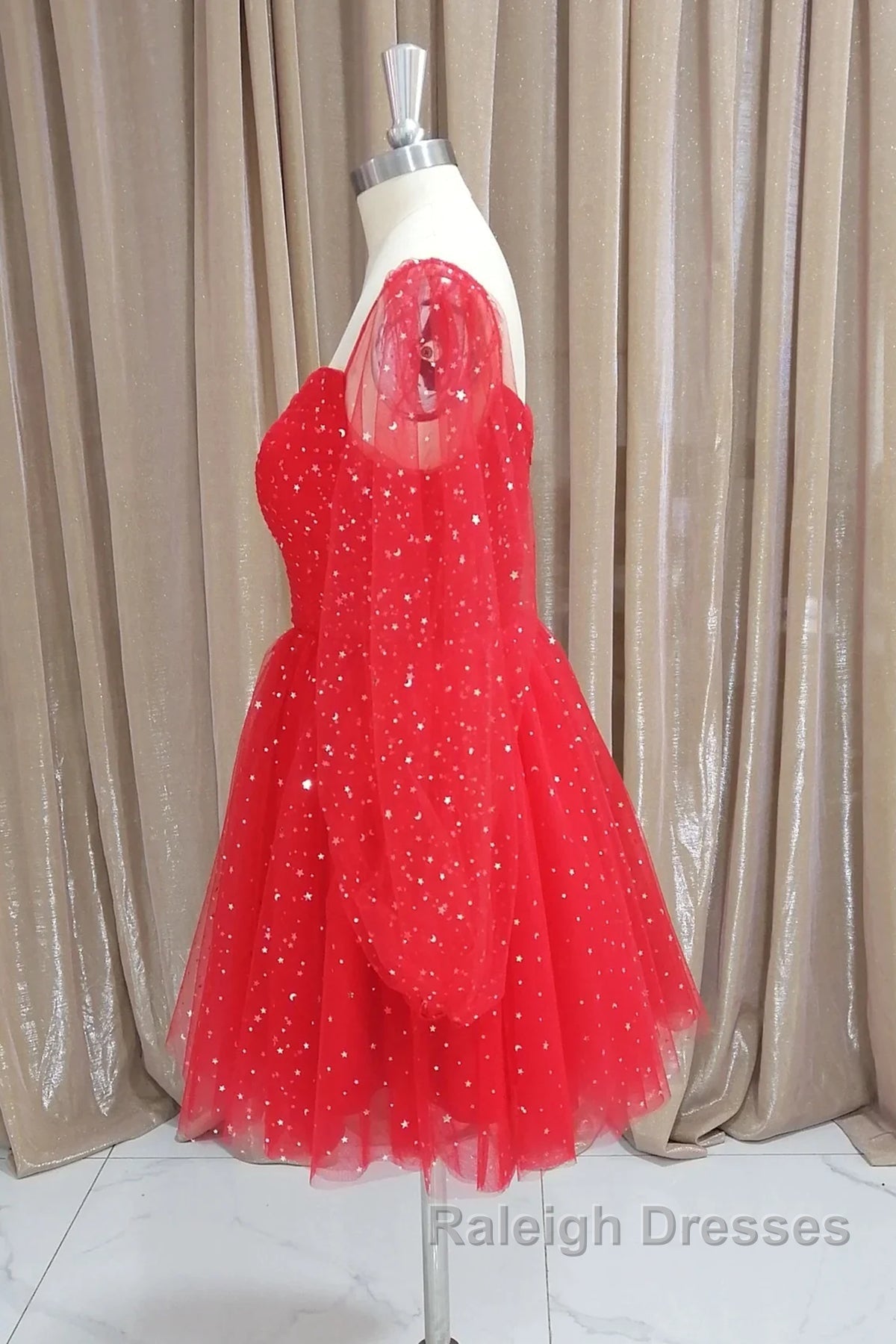 Short Red Long Sleeves Tulle Prom Dresses, Short Red Long Sleeves Formal Homecoming Dresses Secondary image