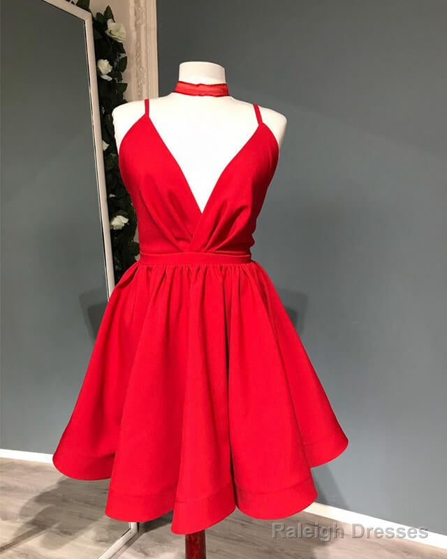 Short Red Plunging Satin Prom Dresses Main image