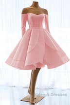 Short Satin Long Sleeves Off Shoulder Ruffles Skirt Wedding Dresses