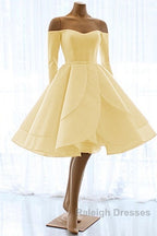 Short Satin Long Sleeves Off Shoulder Ruffles Skirt Wedding Dresses