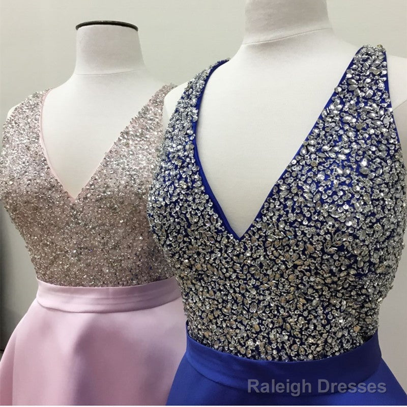 Short Satin V Neck Beaded Prom Homecoming Dresses