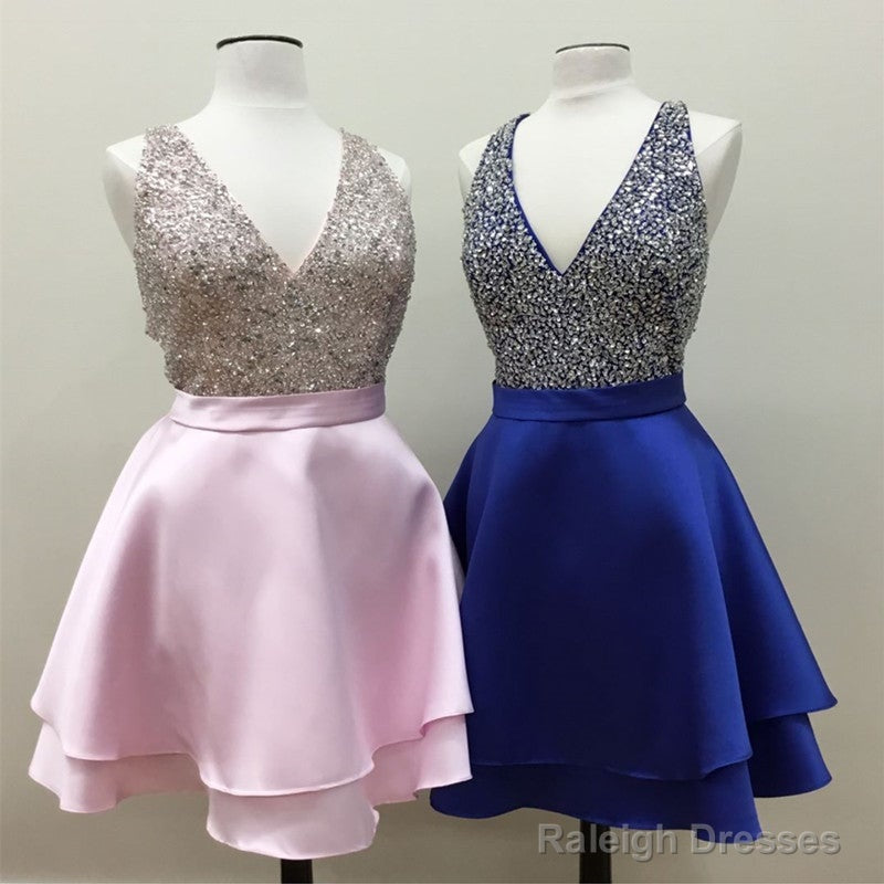 Short Satin V Neck Beaded Prom Homecoming Dresses Main image