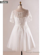 Short Sleeve Appliques White Plus Size Unique Lace Wedding Dress