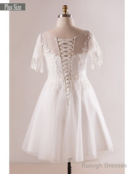 Short Sleeve Appliques White Plus Size Unique Lace Wedding Dresses