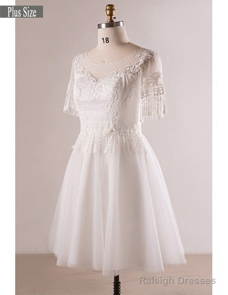 Short Sleeve Appliques White Plus Size Unique Lace Wedding Dresses