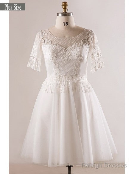Short Sleeve Appliques White Plus Size Unique Lace Wedding Dresses