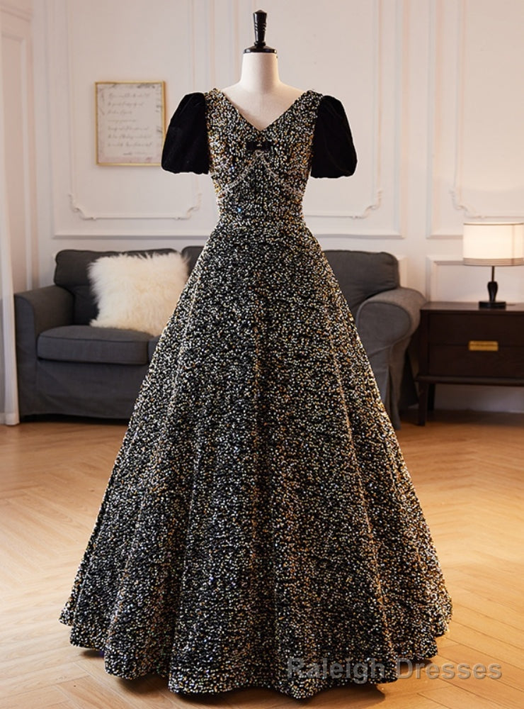 Short Sleeve Sequins V Neck Prom Dress Main image