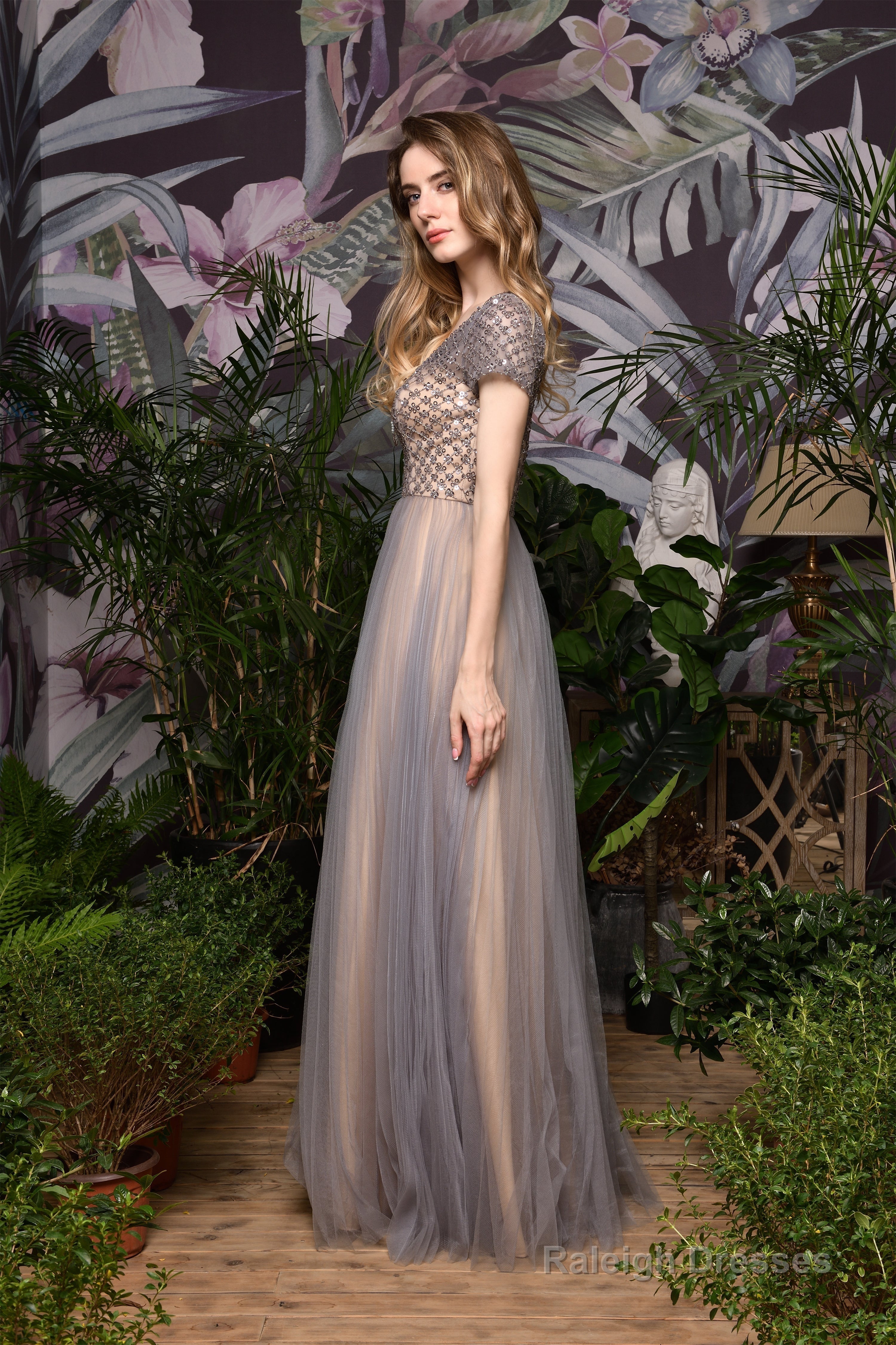 Short Sleeve V Neck A Line Sequin Beaded Long Prom Dresses